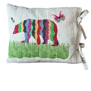 Quilted Wildlife Throw Pillow W/ Multicolored Bear Butterfly Bee Nature 15x11